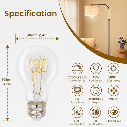 Liii&ARTMAN LED Vintage Light Bulb A19 6W E26 Dim-to-Warm Globe 2000-2800K Clear CRI95 400LM, Imitated 40W Incandescent Light Bulbs (4-Pack)