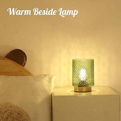 Battery Operated Lamp with Timer, Small Table Lamp for Shelf Decor, Glass Cordless Lamps Bedside Cozy Light for Living Room/Coffee Table/Entryway Diamond Design-Green