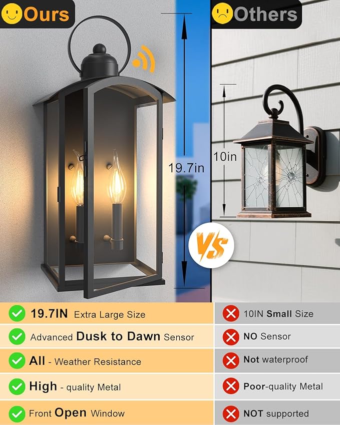 𝟏𝟗.𝟕-𝐈𝐍𝐂𝐇 Outdoor Wall Light Fixtures, Dusk to Dawn Exterior Lanterns Waterproof, Large Porch Sconces Wall Mounted Lighting, Modern Matte Black Front Open Window Wall Lamps for Patio