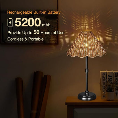 Cordless Boho Rattan Table Lamp Black, 5200-mAh Rechargeable Battery, 3-Level Brightness Dimmable, Build-in Integrated LED 320 Lumen Max, Rattan Shade, for Bedside Restaurant Dining Table