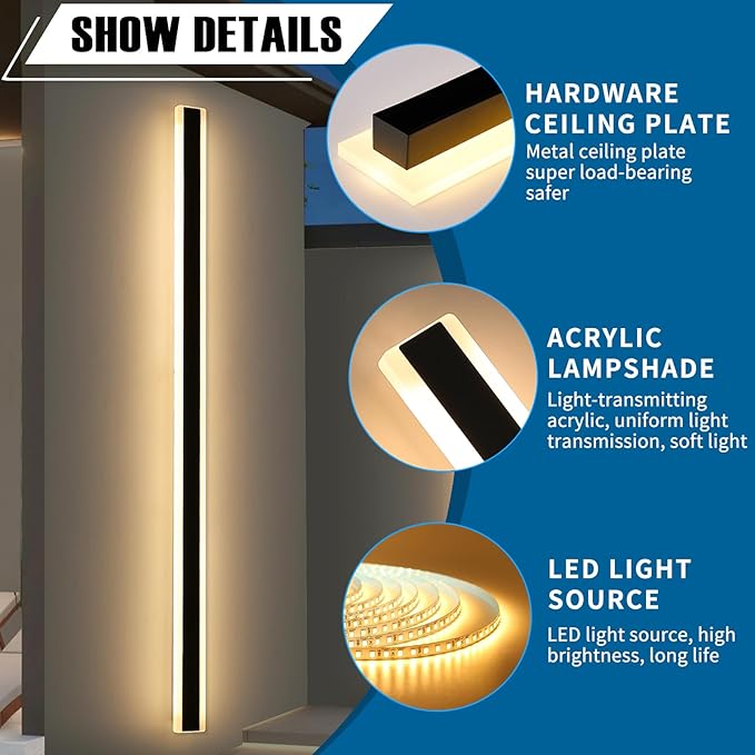 2 Pack Modern Outdoor Wall Light, 71inch LED Long Linear Wall Sconce Dimmable 3000K-6000K, IP65 Waterproof, Exterior Wall Mount Lighting for House, Porch, Patio, Yard, Garage with Remote Control