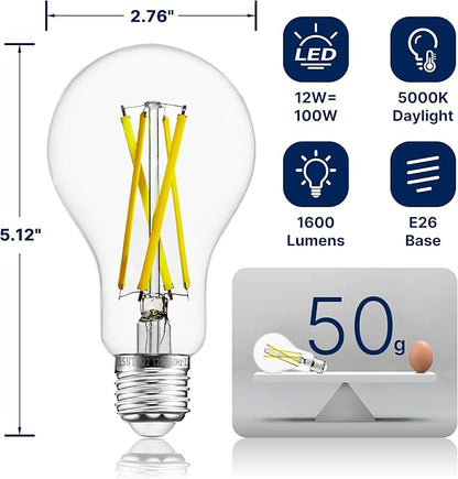 FLSNT 100W Equivalent LED Edison Bulbs, 5000K Daylight, 12W Dimmable A21 LED Light Bulbs, 1600LM, CRI90, E26 Base, 8 Pack