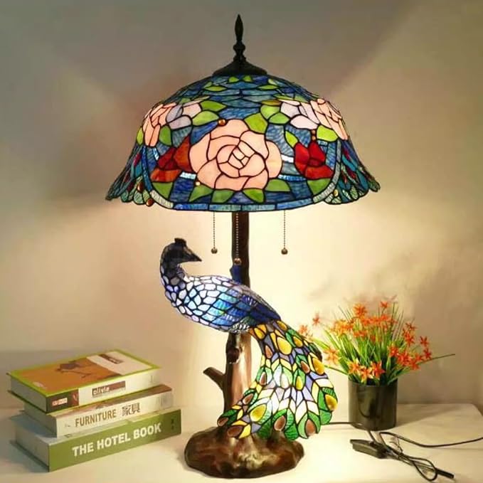 Large Tiffany Table Lamp 18" Wide Handmade Stained Glass Lamp Shade 3 Light Peacock Style Vintage Desk Light for Living Room Bedroom Bedside Reading Light,Blue Rose