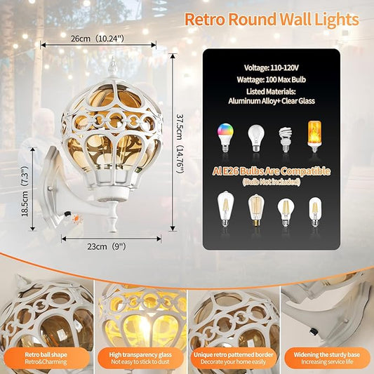 Globe Outdoor Wall Lights with Dusk to Dawn Sensor,Waterproof White Sphere Outside Wall Light Fixtures, Anti-Rust Exterior Aluminum Round Porch Lights for Patio Porch Backyard Garage，Large