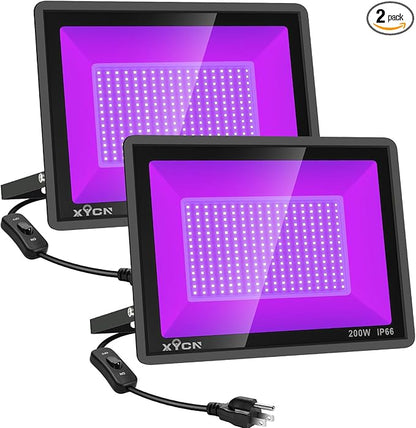 2 Pack 200W LED Black Lights Outdoor, Flood Light with Plug, 395nm to 410nm IP66 Waterproof for Dance Party, Glow in The Dark, Stage Lighting, Body Paint, Fluorescent Poster, Neon Glow