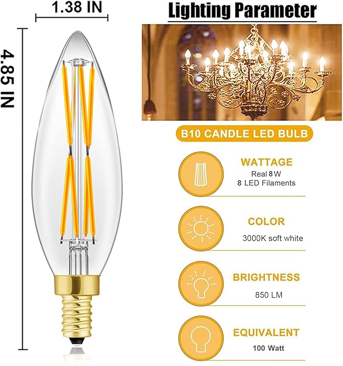 E12 Edison 8W LED Bulb, 100 watt Equivalent Candelabra Dimmable Chandelier Light Bulbs 3000K Soft White Clear 850lm E12 Vintage LED Filament Vintage Candle Bulb with Decorative,4-Pack. (3000k)
