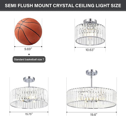 Crystal Chrome Semi Flush Mount Ceiling Light Modern Hallway Light Fixture Metal Close to Lamp for Kitchen Living Room Bathroom Entryway Bedroom(19.68 inch)