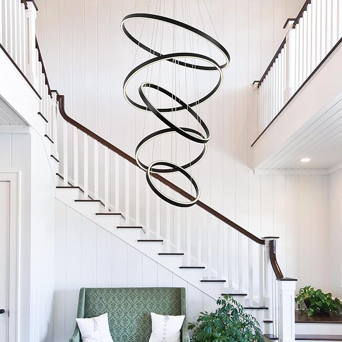Elegant 5-Rings Black Modern LED Chandelier – Fully Dimmable High Ceiling Pendant Light for Dining Room, Living Room, Foyer & Staircase (Warm White 3000K, Adjustable Size 15.7"-31.4")