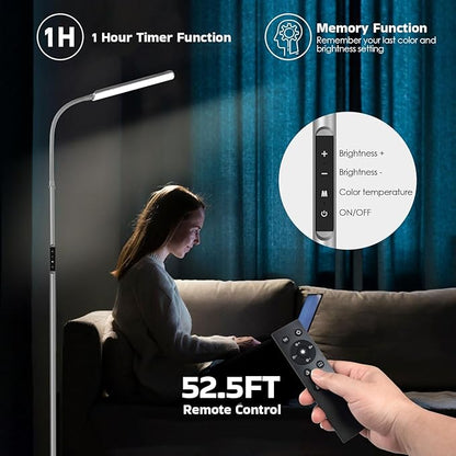Dimunt LED Floor Lamp, Bright 15W Floor Lamps for Living Room with 1H Timer, Stepless Adjustable 3000K-6000K Colors & Brightness Standing Lamp with Remote & Touch Control Reading Floor Lamps-Silver