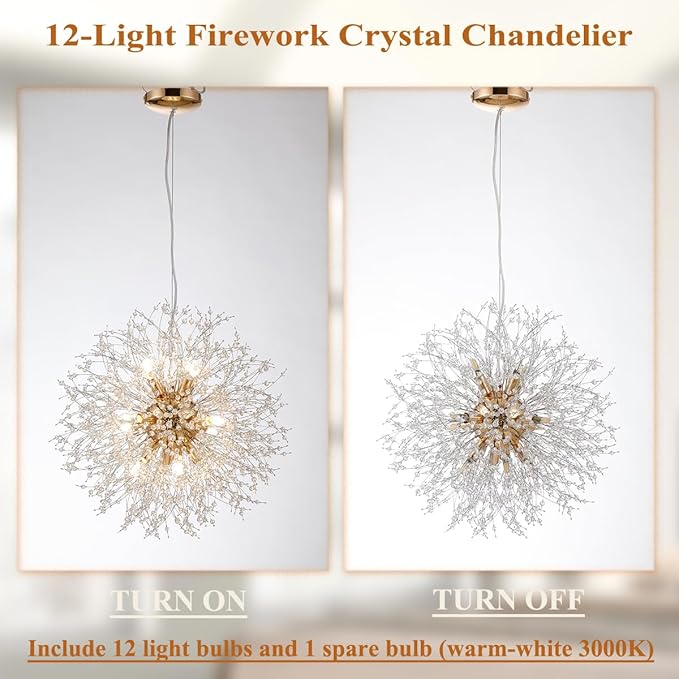 Modern Dandelion Chandelier, 12 Lights Gold Firework Chandelier for Dining Room, Crystal Pendant Light Fixture Sputnik Chandeliers for Entryway, Hallway