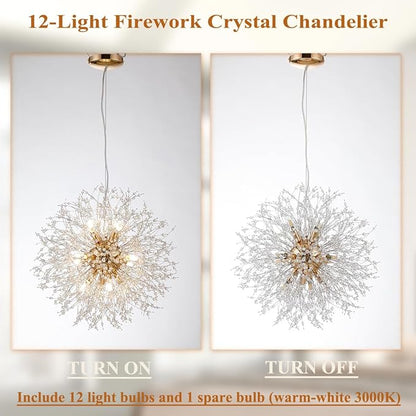 Modern Dandelion Chandelier, 12 Lights Gold Firework Chandelier for Dining Room, Crystal Pendant Light Fixture Sputnik Chandeliers for Entryway, Hallway