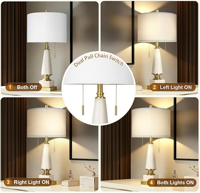 26" Bedside Table Lamps Set of 2, Ceramic Lamps for Living Room Nightstand with USB A+C Ports, Pull Chains Dual Switch, Modern Lamp with Linen Shade for Bedroom Office Home (Bulb Included)
