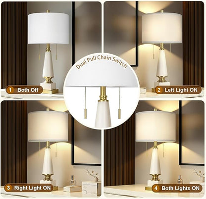 26" Bedside Table Lamps Set of 2, Ceramic Lamps for Living Room Nightstand with USB A+C Ports, Pull Chains Dual Switch, Modern Lamp with Linen Shade for Bedroom Office Home (Bulb Included)