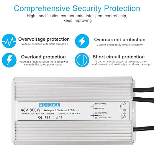LED Driver 48V800W Waterproof Power Supply AC90-130V to DC48V16.6A Low Voltage Switching Power Supply IP67 Transformer Suitable for Indoor and Outdoor LED Lighting and Any 48V DC Equipment
