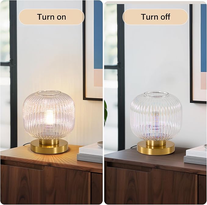 Dimmable Small Glass Table Lamp: Mid Century Modern Nightstand Light With Stained Shade - Small Decorative Brass Desk Lamp - Ribbed Glass Bedside Tables Lamps for Bedroom Living Room Bulb Excluded