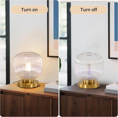 Dimmable Small Glass Table Lamp: Mid Century Modern Nightstand Light With Stained Shade - Small Decorative Brass Desk Lamp - Ribbed Glass Bedside Tables Lamps for Bedroom Living Room Bulb Excluded