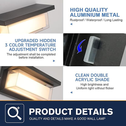24W LED Outdoor Wall Lights Exterior/Interior Adjustable 3-Color Sconces Lights 2100LM IP65 Waterproof Modern Outdoor Lighting Fixtures Aluminum Wall Lights Compatible with Dimmers