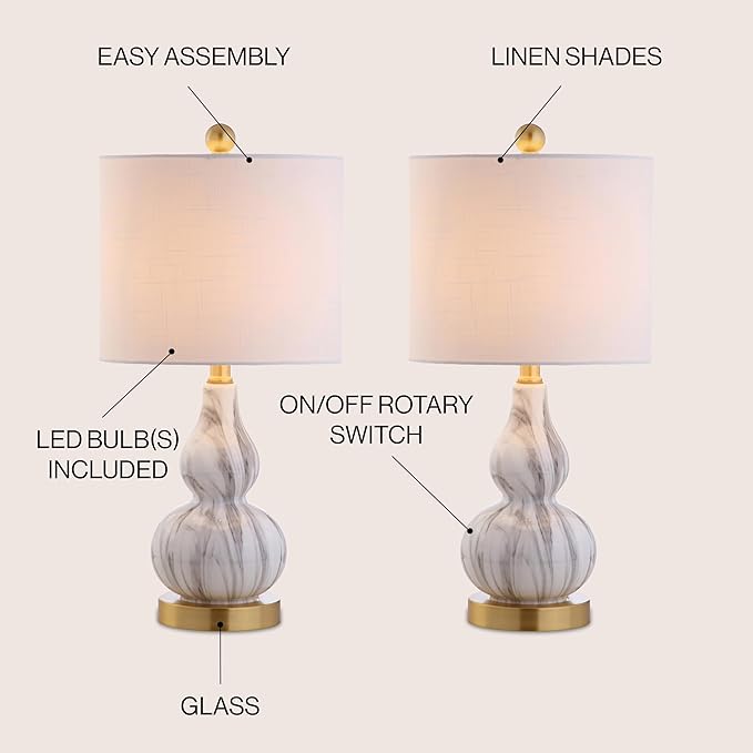 JONATHAN Y JYL1028D-SET2 20.5" Black and White Marbleized Glass Gourd Table Lamp Set of 2, Modern Glam Bedside Nightstand Lamps for Bedroom, Living Room, Office, End Table with White Linen Drum Shade