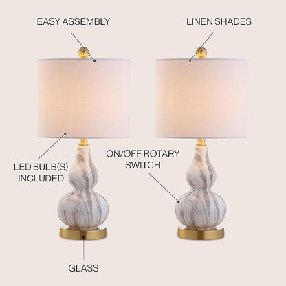 JONATHAN Y JYL1028D-SET2 20.5" Black and White Marbleized Glass Gourd Table Lamp Set of 2, Modern Glam Bedside Nightstand Lamps for Bedroom, Living Room, Office, End Table with White Linen Drum Shade