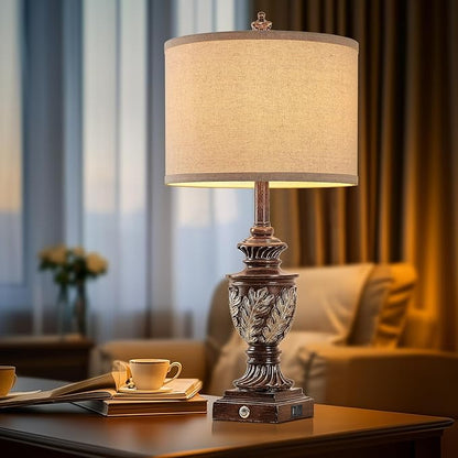 Farmhouse 3-Way Dimmable Touch Table Lamp Set of 2 for Bedroom Living Room with USB A+C Charging Ports 27.75" Tall Rustic Traditional Nightstand Bedside Lamps Brown End Table Lamp (2 Bulbs Included)