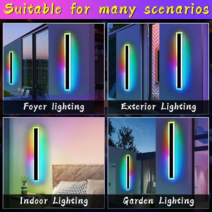 Widened 2 Pack Long RGB LED Wall Lights, 39.3inch Modern Dimmable Outdoor Sconces, 10 Colors, Remote Control, IP65 Waterproof, Garage Wall Mount Lighting Fixtures for Entryway, Yard, Patio