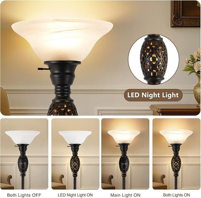 Luvkczc Vintage Floor Lamp with Nightlight, 70" Rustic Standing Lamp with Glass Shade, Victorian Style Tall Lamp Decor for Living Room Bedroom Study Home Office Corner (Bulb Included)