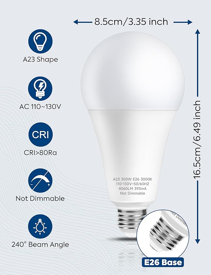 300W Equivalent LED Light Bulb, 4060LM Super Bright A23 LED Bulb, Warm White 3000K, 33W Energy Saving, E26 Medium Base, 120V for Garage, Warehouse, Shop, Supermarket, Non-Dimmable, 2 Pack