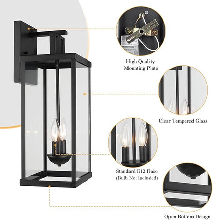 Outdoor Lantern, 21 Inch Exterior Waterproof Wall Sconce Light Fixture, Black Front Porch Light with Clear Glass, Modern Outside Lamp for Patio Doorway