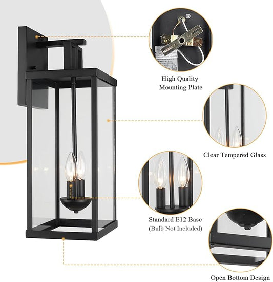 Outdoor Lantern, 21 Inch Exterior Waterproof Wall Sconce Light Fixture, Black Front Porch Light with Clear Glass, Modern Outside Lamp for Patio Doorway