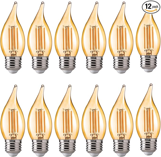 FLSNT CA11 E26 LED Candelabra Bulbs, Dimmable LED Chandelier Light Bulbs, 40W Equivalent, 2200K Warm White Light, 330LM, Amber Glass Finishing, 12 Pack UL,CA65 Listed.