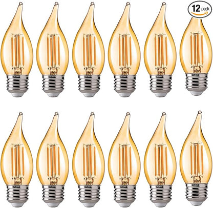 FLSNT CA11 E26 LED Candelabra Bulbs, Dimmable LED Chandelier Light Bulbs, 40W Equivalent, 2200K Warm White Light, 330LM, Amber Glass Finishing, 12 Pack UL,CA65 Listed.