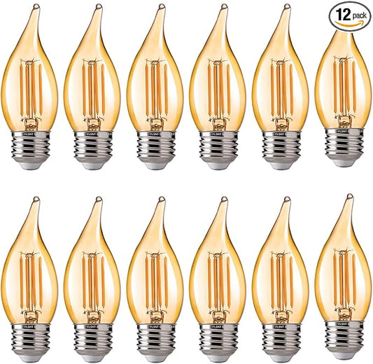 FLSNT CA11 E26 LED Candelabra Bulbs, Dimmable LED Chandelier Light Bulbs, 40W Equivalent, 2200K Warm White Light, 330LM, Amber Glass Finishing, 12 Pack UL,CA65 Listed.