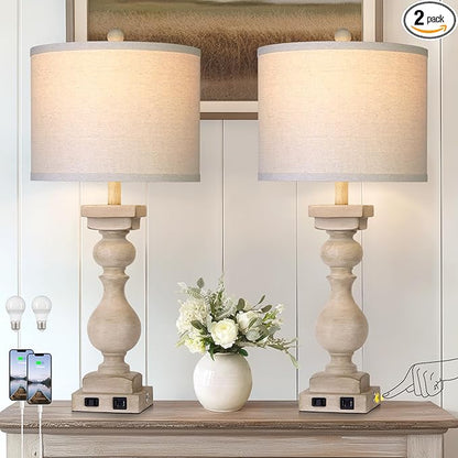 28" Tall Farmhouse Table Lamps Set of 2 with USB C+A Ports and AC Outlet, 3 Way Touch Tall Rustic Bedside Lamps for Living Room, Beige Vintage Lamps for Bedroom