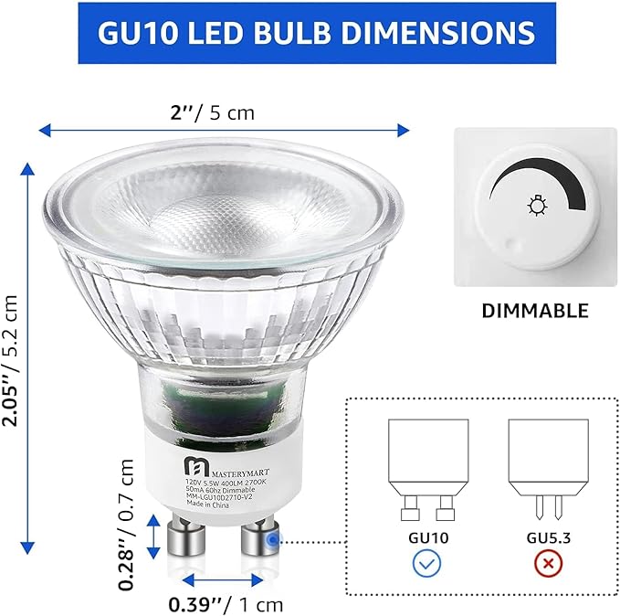 MASTERY MART Dimmable GU10 LED Light Bulbs, 5.5W Bright 2700K Soft White 50W Halogen Equivalent, 400lm Energy Saver for Track Lighting Fixture, Kitchen, Basement, Living Room, 25000 Hours, 10 Pack