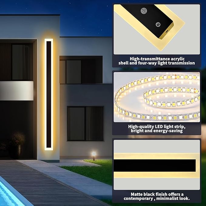 Modern Outdoor Wall Light 2 pack-23.64inch, 3000K Long Wall Lights for House/Porch, Waterproof IP65 Black Outside Led Wall Mounted Lighting Fixtures, 23.64in-2pack