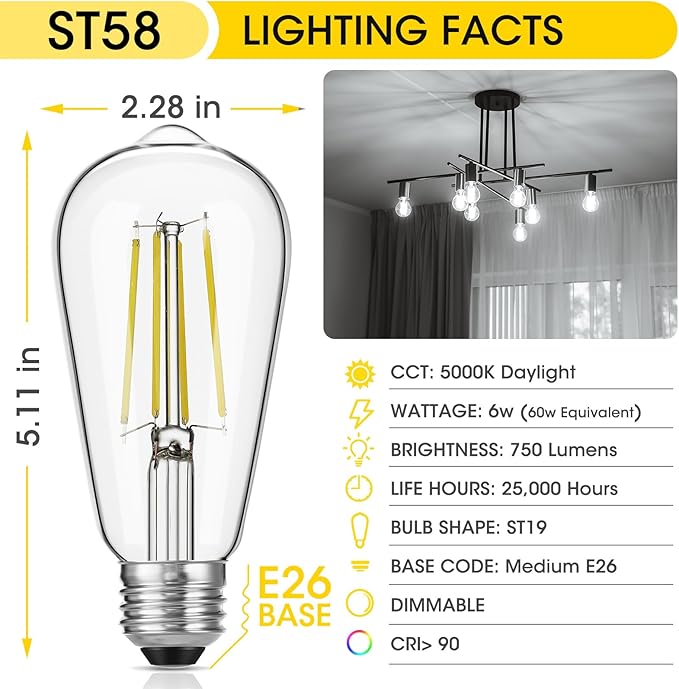 Vintage LED Edison Bulbs, 6W, Equivalent 60W, High Brightness Daylight 5000K, ST58 Antique LED Filament Bulbs with 90+ CRI, E26 Medium Base, Dimmable, Clear Glass, Pack of 6