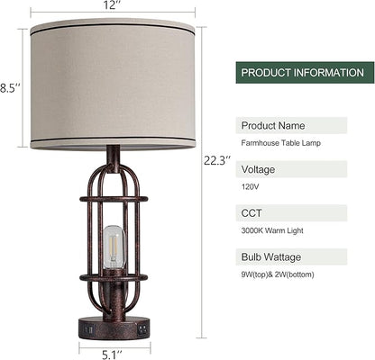 22.3" Table Lamps for Living Room Set of 2, Farmhouse Lamps for Nightstand, Vintage Table Lamps for Bedroom with USB Ports, Bulbs Included