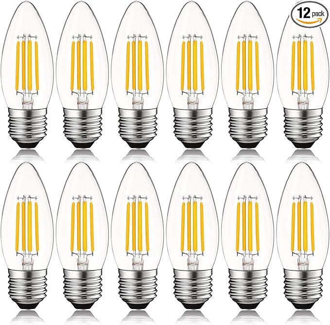 Luxrite 5W Vintage E26 Candelabra LED Bulbs 60W Equivalent, 550 Lumens, 2700K Warm White Dimmable, Medium Base Candelabra Bulb, Torpedo Tip Clear Glass, Edison Filament Light Bulb, UL Listed (12 Pack)