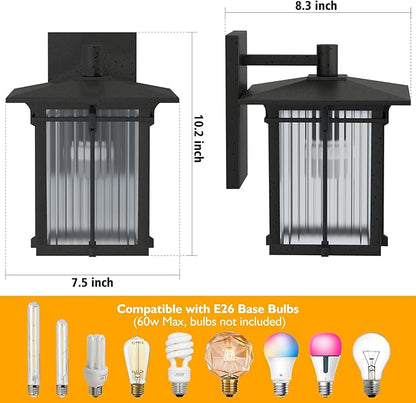 Modern Outdoor Wall Light for House, Outdoor Lighting Fixtures Wall Mount with Ribbed Glass, Soptted Black Aluminum Exterior Wall Lantern for Front Porch Garage Patio (10.2''H, 1 pc)