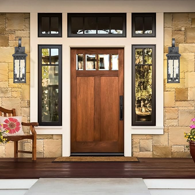 Porch Lights Outdoor Wall Light Fixtures Wall Mount, Modern Exterior Lighting Fixtures with Water Ripple Glass Waterproof, 2-Light E12 Sockets Outside Garage Lights for House Patio, 2 Pack