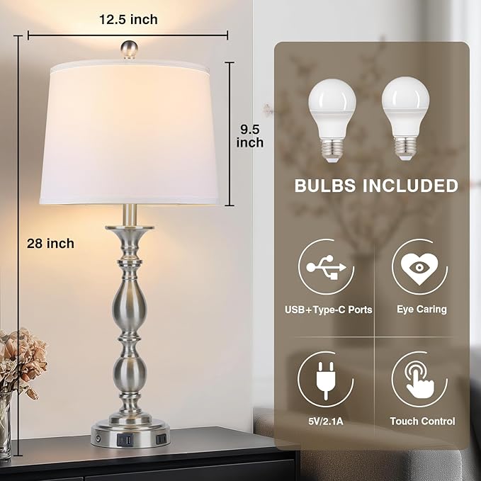 28" Tall Modern Table Lamps Set of 2 with USB A+C Ports and AC Outlet, 3 Way Touch Metal Bedside Lamps for Bedroom, Silver Farmhouse Nightstand Lamps for Living Room