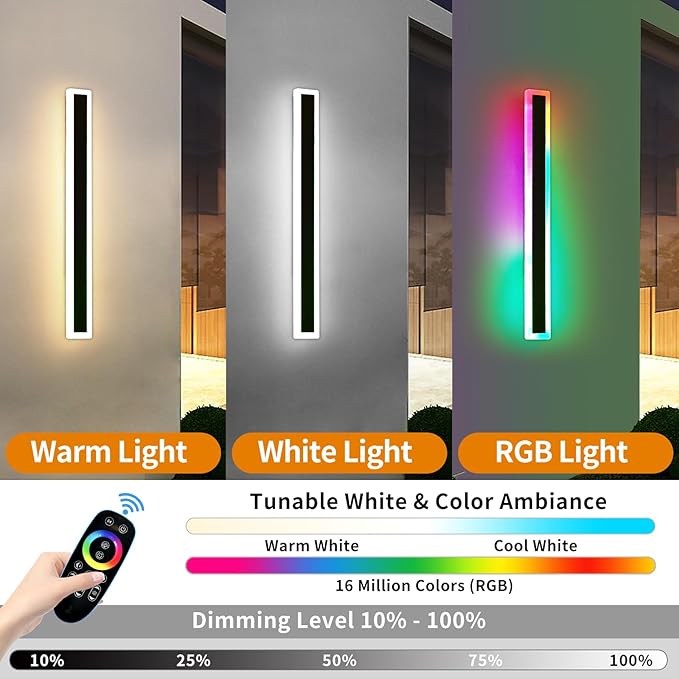 Mikeru 2pack 31.4inch Outdoor Wall Light Fixtures, RGB Modern Outdoor Wall Sconce 10%-100% Dimmable Smart Outdoor Light Fixtures Wall Mount Featuring Multiple Modes and 12 Colors for Patio Entryway