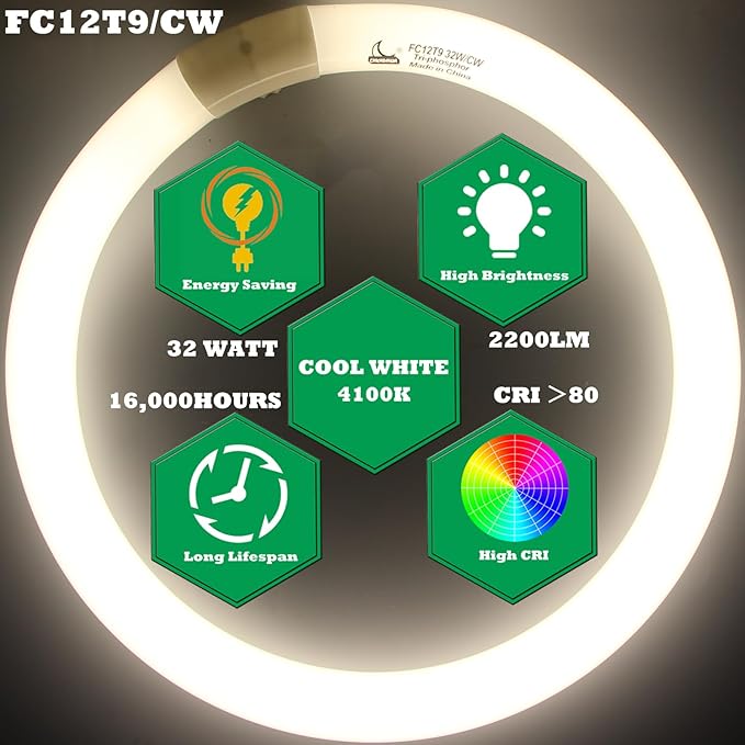 FC12T9/CW 32W Cool White Round Fluorescent Light Bulb, 12 Inch T9 32 Watts Circular Bulbs, 12'' FCL 32 Circline Bulb 4100K 841, G10q 4 Pin Prong Base, 2 Pack