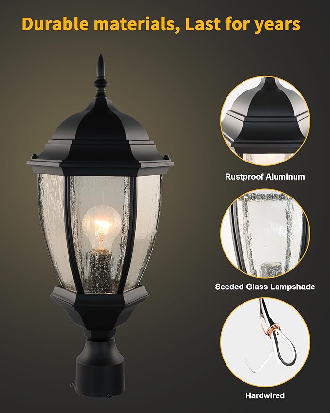 Outdoor Post Light, 21 Inch Aluminum Outside Post Lantern, Waterproof Exterior Lamp Pole Lantern Head with Seeded Glass, Matte Black Column Lights for Patio Garden Walkway Landscape E26 Base Max 100W