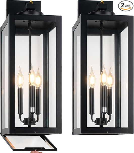 24" Extra Large Fully Enclosed Dusk to Dawn Outdoor Light Fixture 3-Light, Black Outdoor Porch Lantern Wall Mounted, Waterproof Outside Wall Sconce Coach Lamp for House, E12, 2 Packs
