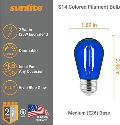 Sunlite LED S14 String Light Bulb, 2 Watts (25W Equivalent), Medium E26 Base, Party Decoration, Holiday Lighting, Transparent, Dimmable, UL Listed, Blue, 6 Count