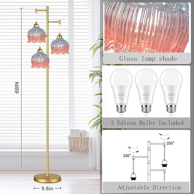 Gold Floor Lamp for Living Room,Bedroom,Mid Century Modern Standing Lamp Brass Tree 3 Light Tall Floor Lamps Vintage Retro Floor Lights Glass Flower Lamp Shade Farmhouse Boho Bohemian