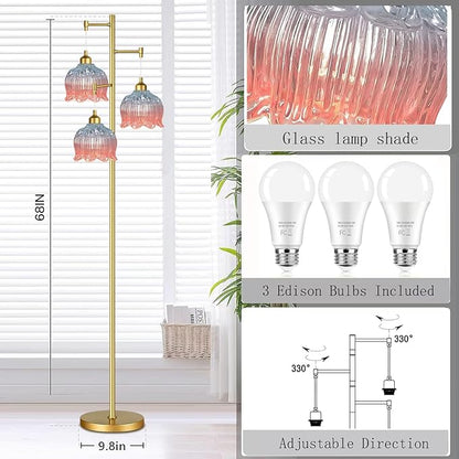 Gold Floor Lamp for Living Room,Bedroom,Mid Century Modern Standing Lamp Brass Tree 3 Light Tall Floor Lamps Vintage Retro Floor Lights Glass Flower Lamp Shade Farmhouse Boho Bohemian