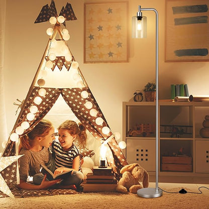 Floor Lamps for Living Room - Industrial Standing Lamp with Glass Shade, Modern Floor Lamp with LED Bulbs, Tall Lamp for Bedroom Office - Brushed Nickel
