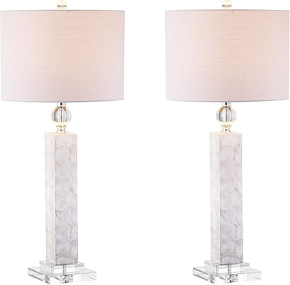JONATHAN Y JYL4006A-SET2 32" Modern Coastal Seashell Table Lamp Set of 2 for Living Room Bedroom, Contemporary Column Bedside Nightstand Lamps with Crystal Base and White Linen Drum Shade, White